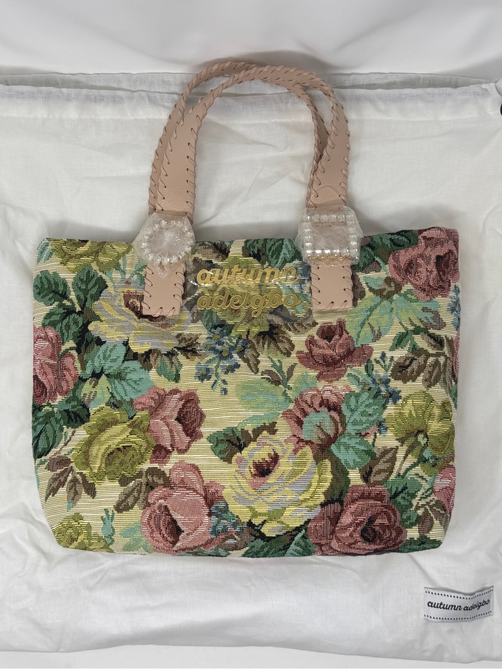 NWOT Autumn Adeigbo Floral Jacquard Tote Bag with Crystal Buckles & Dust Bag